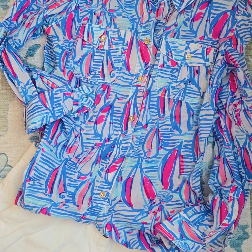 Vibrant Blue and Pink Button-Up Shirt